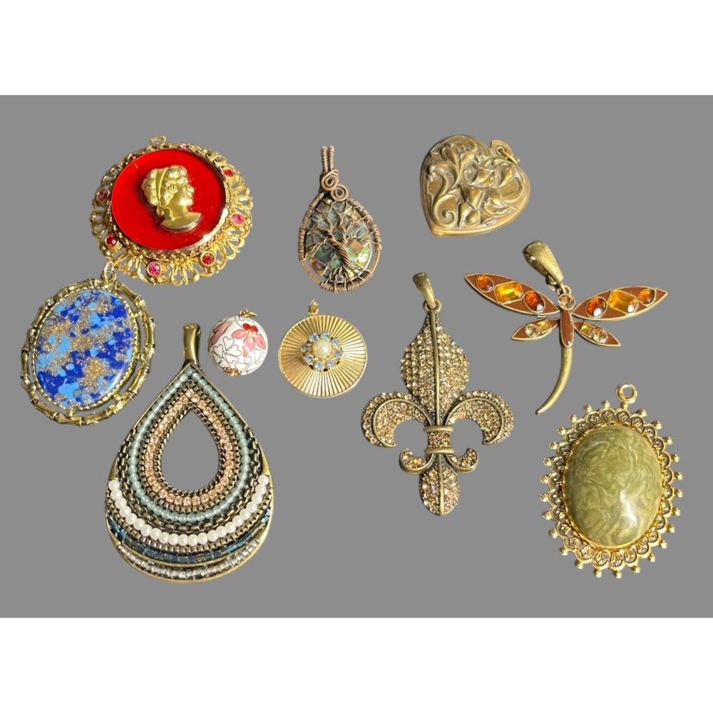 LOT OF 10 PENDANTS Gold Tone Vintage to Modern Cameo Heart Rhinestones Statement